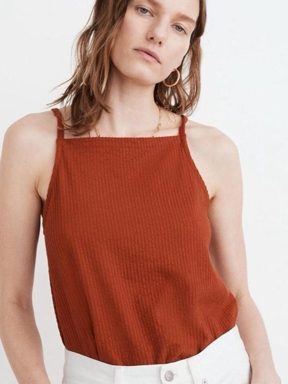Madewell Seersucker Apron Tank Top in burnt orange, size small